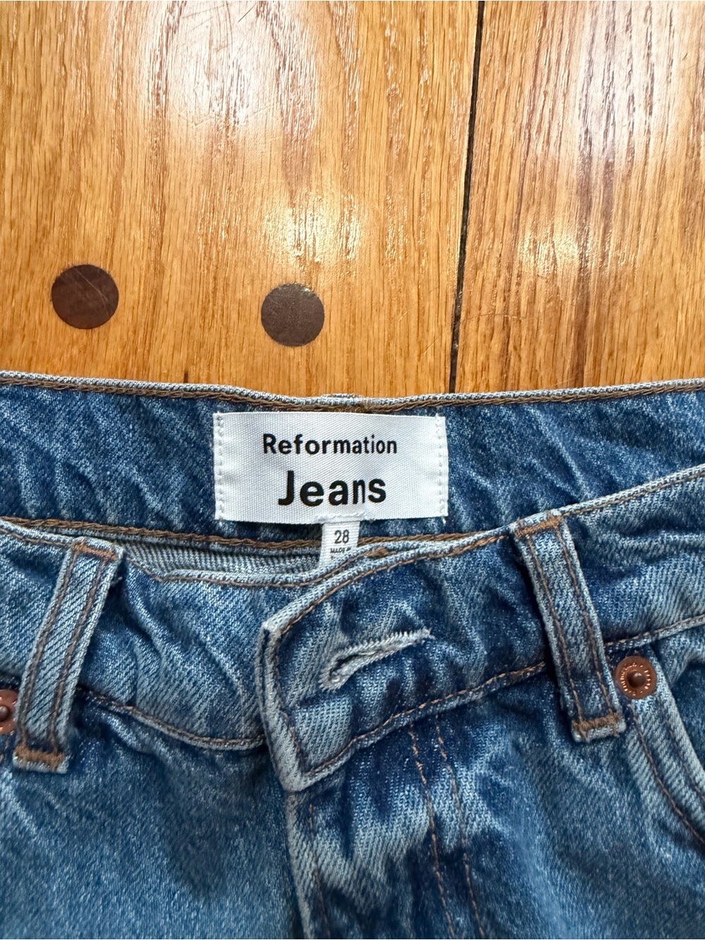 Reformation Blue Distressed High-Rise Denim Shorts - Picture 2 of 3